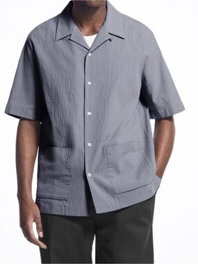 COS Seersucker Cotton Short-Sleeve Button-Shirt Dusty Blue Grey S NWOT